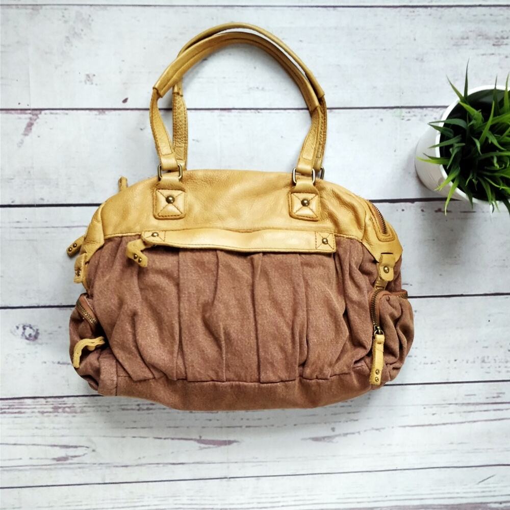 SCHULER AND SONS PHILADELPHIA Leather Canvas Purse Tan Brown Medium - Picture 2 of 8